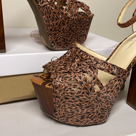 Jessica Simpson Dessie Platform Sandal Heels Caramel Black 10 - Picture 3 of 6